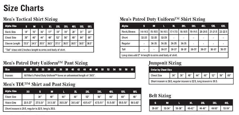 5.11 Tactical Sizing Chart