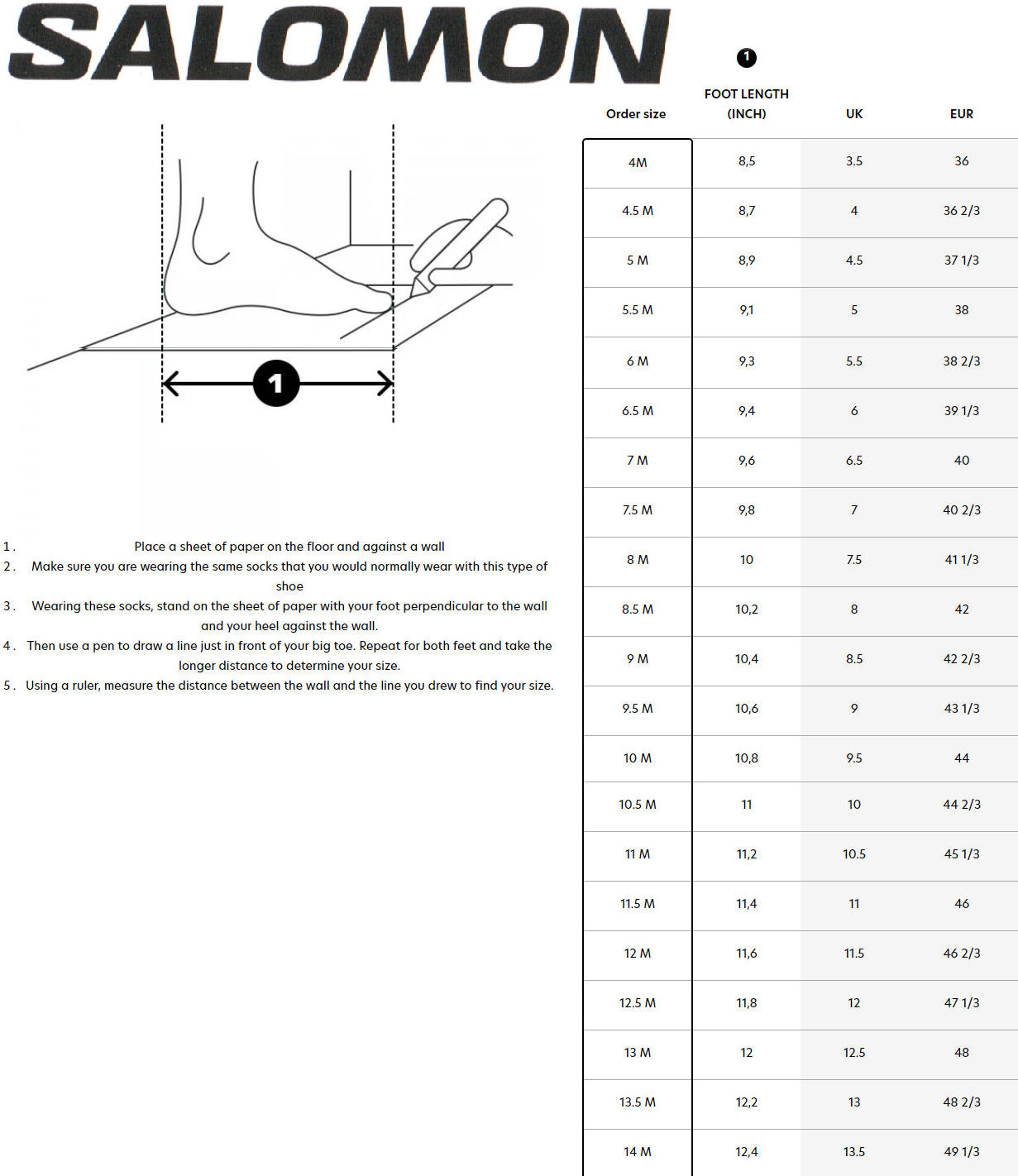 salomon shoe size info